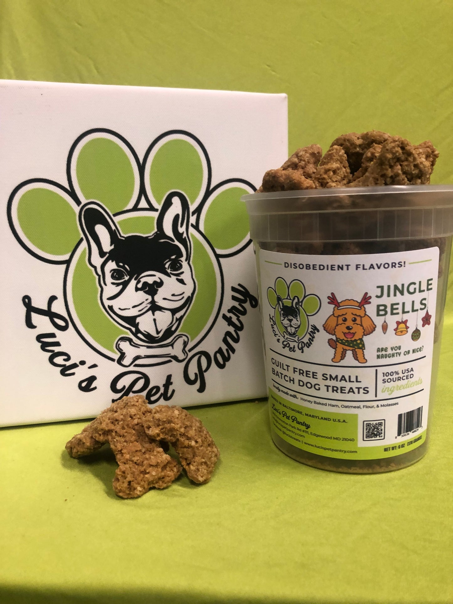 Jingle Bells - All Natural "Honey Baked Ham" Dog & Puppy Treats - Disobedient Tub of Biscuits
